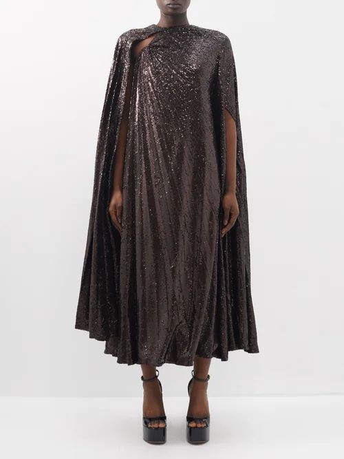 Sequinned Tulle Caped Gown - Womens - Brown