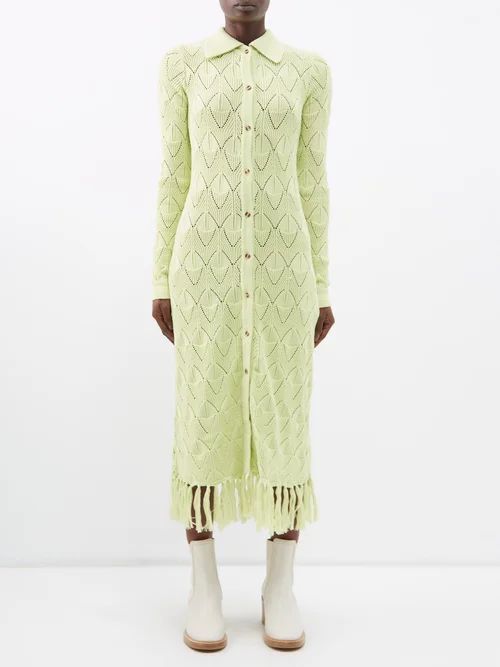 Lars Tassel-trim Pointelle-knit Cotton Shirt Dress - Womens - Light Green