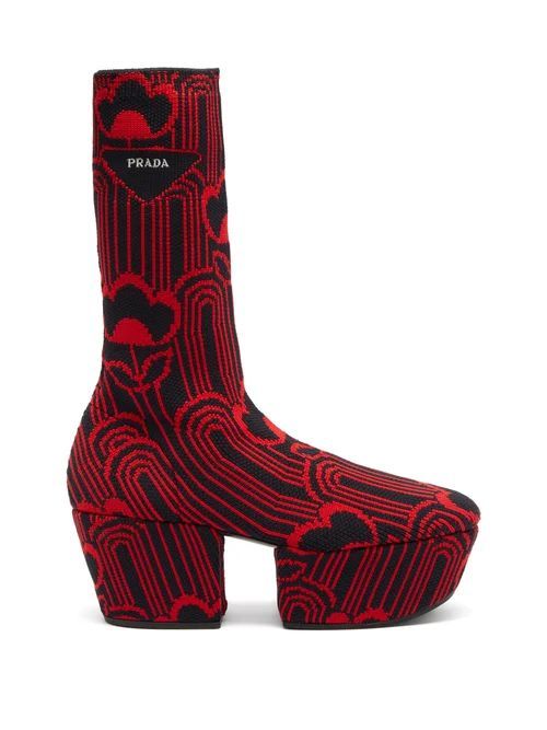 Floral-jacquard Platform Boots - Womens - Black Red