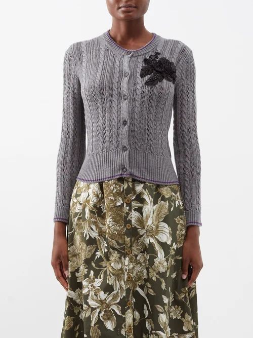 Estelle Flower-embellished Wool-blend Cardigan - Womens - Dark Grey