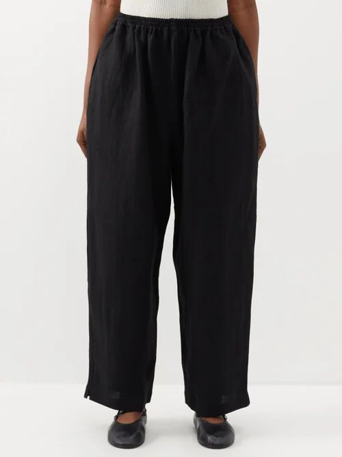 Elasticated-waist Linen Wide-leg Trousers - Womens - Black