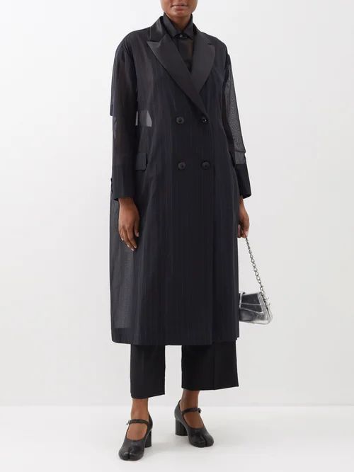 Pinstripe Sheer-sleeve Cotton-blend Coat - Womens - Navy