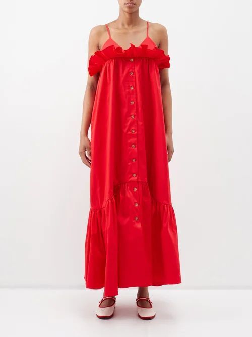 Alex Ruffled Poplin Maxi Dress - Womens - Red