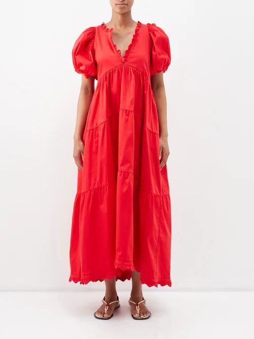 Leana Puff-sleeve Poplin Maxi Dress - Womens - Red
