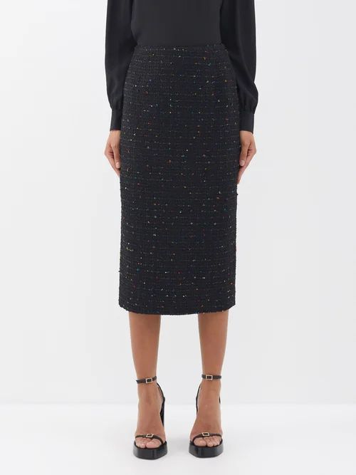 Sequinned Tweed-bouclé Midi Skirt - Womens - Black Multi