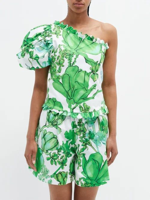 Sophia One-shoulder Azalea-print Cotton-blend Top - Womens - White Green
