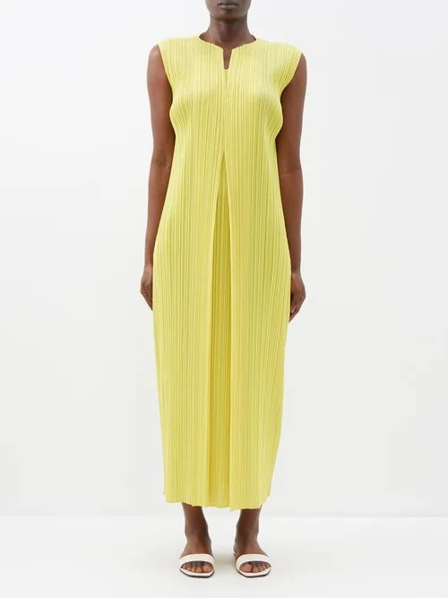 Technical-pleated Jersey Midi Dress - Womens - Yellow