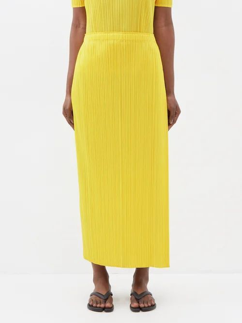 Technical-pleated Jersey Midi Skirt - Womens - Light Yellow