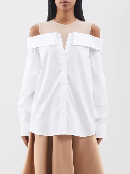V-collar Off-the-shoulder Cotton-poplin Shirt - Womens - White Camel