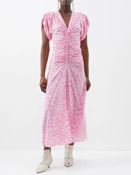 Lilia Ruched Printed Silk-blend Midi Dress - Womens - Pink White