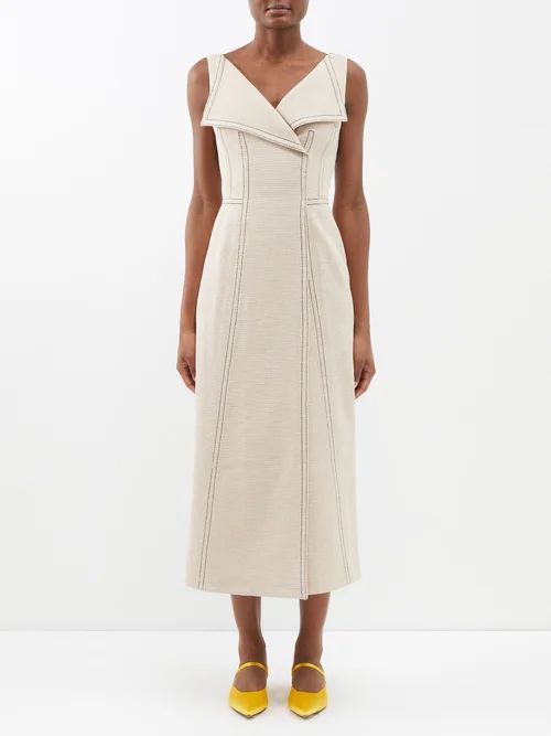 Athenais Top-stitched Denim Midi Dress - Womens - Beige