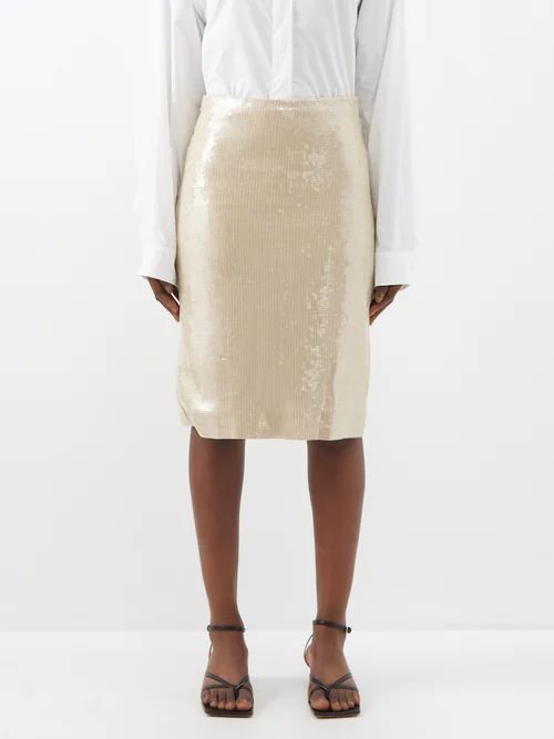 Bonne Sequinned Midi Skirt - Womens - Khaki