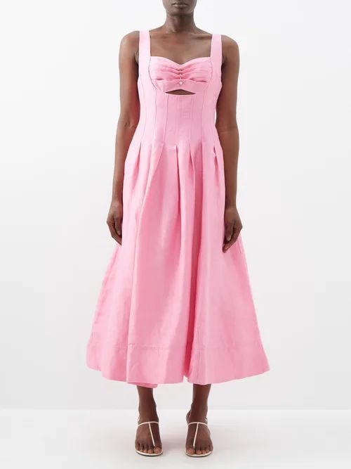 Divinity Pearl-pin Cutout Linen-blend Dress - Womens - Pink
