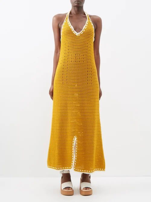 Happy Hour Halterneck Cotton-crochet Dress - Womens - Mustard