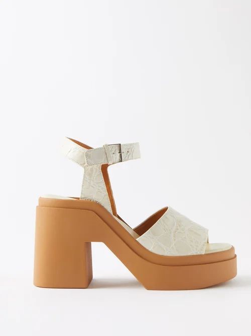 Nelio Croc-effect Leather Platform Sandals - Womens - Ivory
