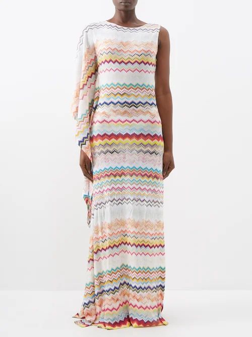 One-shoulder Zigzag-knit Maxi Dress - Womens - Multi