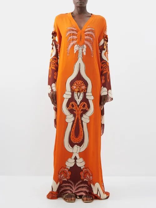 Palm-print Beaded Silk Tunic Dress - Womens - Orange Multi