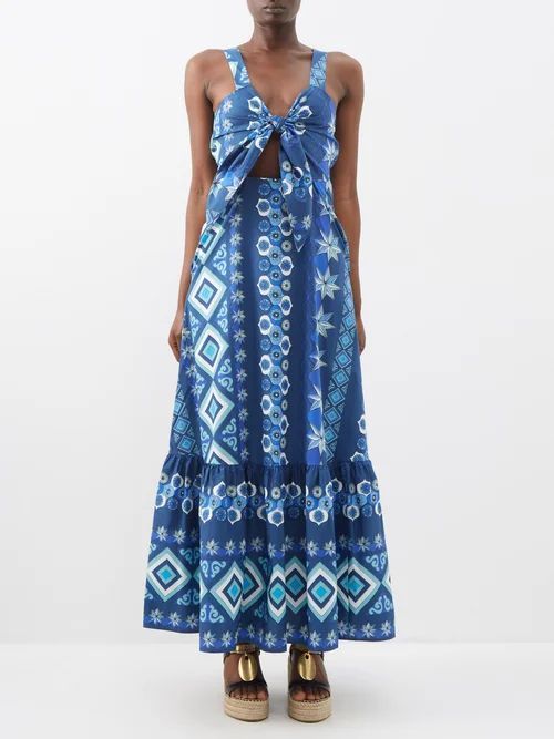 Peek-a-boo Costiera-print Cotton-poplin Dress - Womens - Blue Print