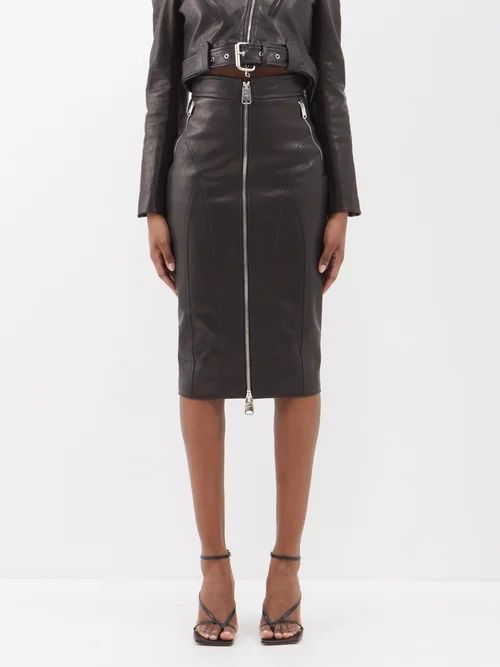 Quincy Front-zip Leather Midi Skirt - Womens - Black