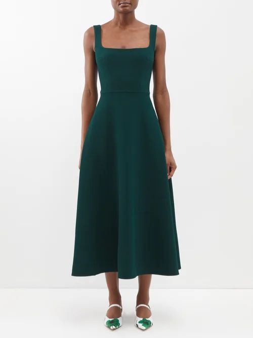 Shilow Square-neck Crepe Midi Dress - Womens - Dark Green