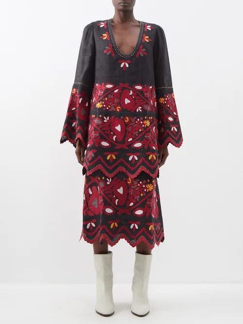 Tiziana Embroidered Linen Midi Dress - Womens - Black Multi