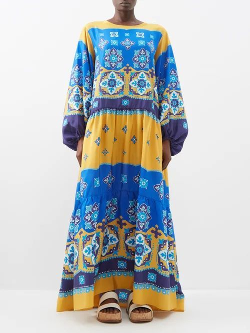 Vesta Geometric-print Silk Dress - Womens - Blue Orange