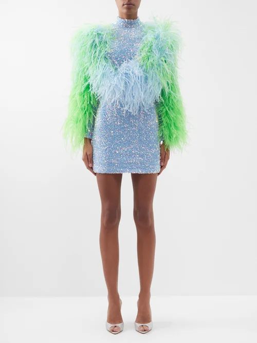 Feather-trim Open-back Sequinned Mini Dress - Womens - Blue Green