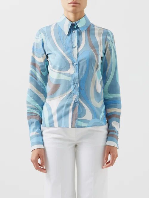 Marmo-print Cotton-voile Shirt - Womens - Blue Print
