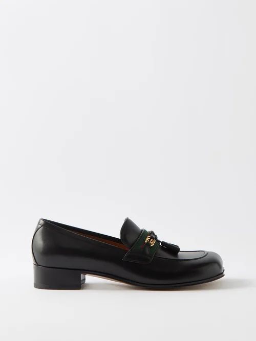 Web-stripe Leather Loafers - Womens - Black