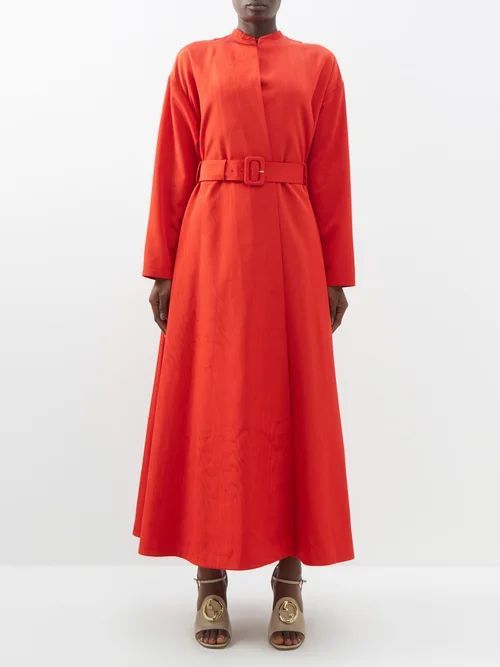 Belted Moiré Coat - Womens - Bright Red