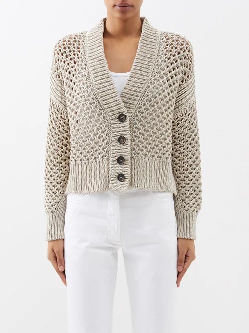 Open-knit Cotton Cropped Cardigan - Womens - Beige