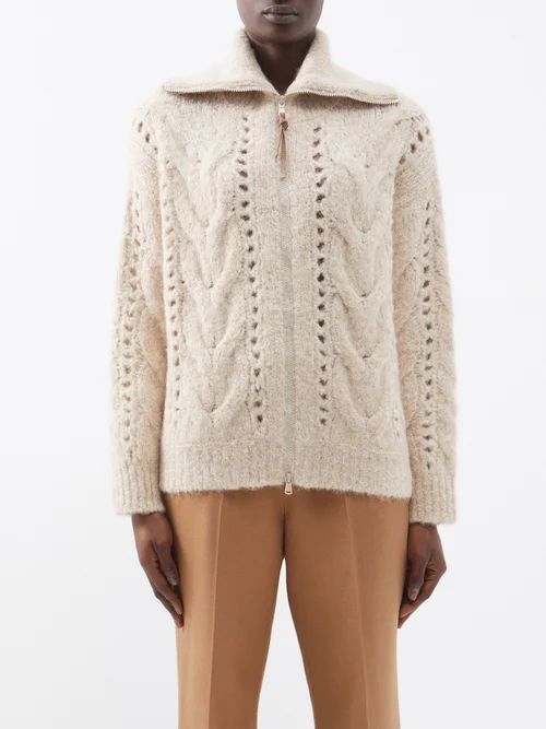 Cable-knit Zipped Alpaca-blend Cardigan - Womens - Beige