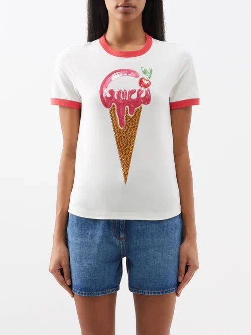 Ice Cream Sequinned Cotton T-shirt - Womens - White Pink