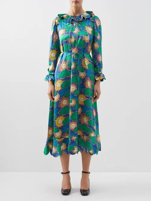 Cleo Scalloped-collar Sun-print Silk Dress - Womens - Multi