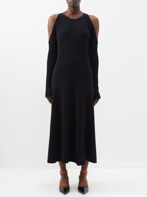 Cutout-shoulder Knitted Midi Dress - Womens - Black