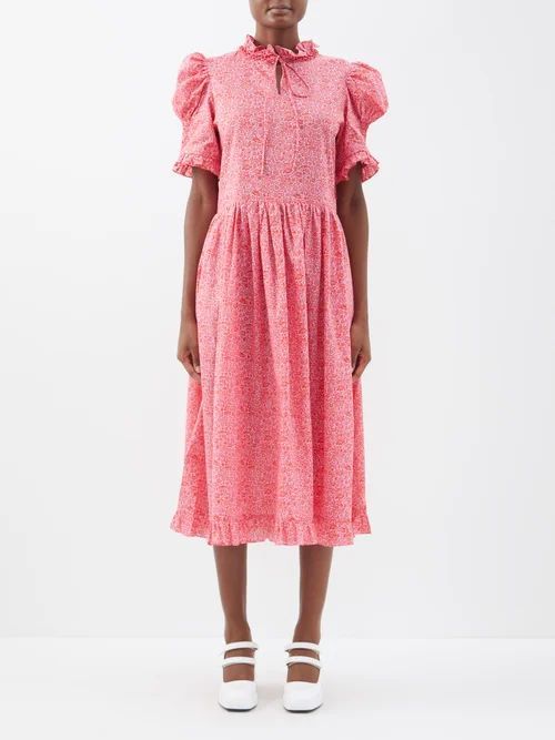 Leandra Floral-print Cotton-poplin Midi Dress - Womens - Pink Red