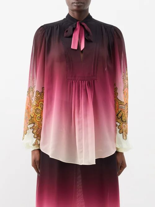 Printed Ombré Pussy-bow Silk-georgette Blouse - Womens - Pink