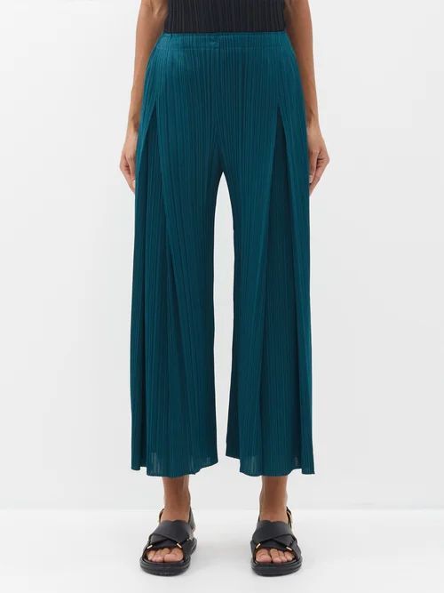 Cropped Technical-pleated Trousers - Womens - Dark Green
