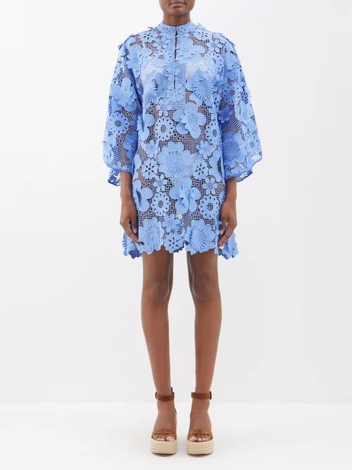 Floral-lace Kaftan Mini Dress - Womens - Blue