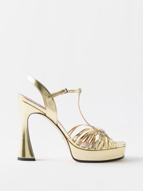 GG-chain Metallic-leather Sandals - Womens - Gold