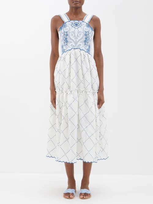 Grace Floral-embroidery Midi Dress - Womens - White Blue