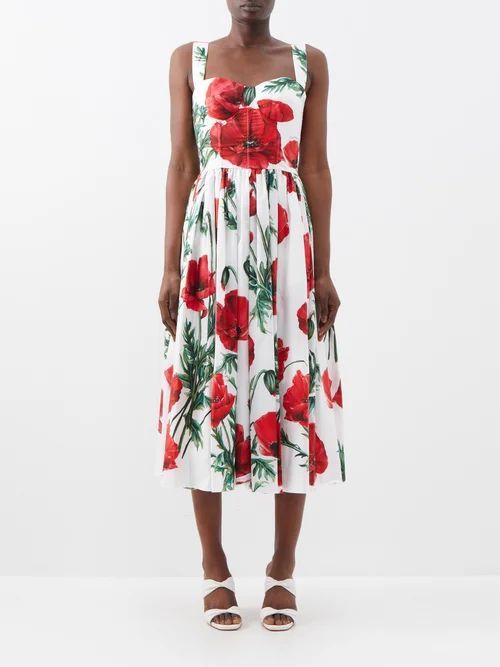 Happy Garden Poppy-print Cotton-poplin Midi Dress - Womens - Red Print