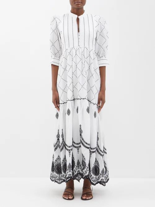Lucy Broderie-anglaise Cotton-blend Maxi Dress - Womens - White Black