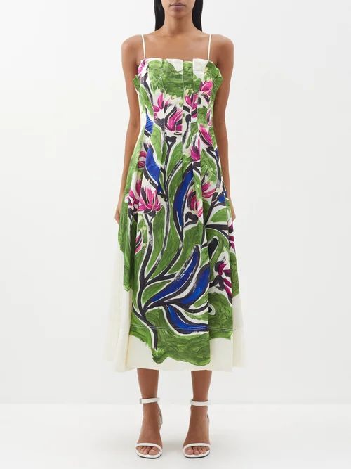 Paradiso Floral Linen-blend Dress - Womens - Green Multi