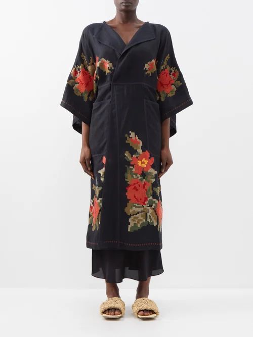 Puglia Embroidered Linen Coat - Womens - Black Multi