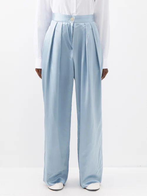 Sybil Pleated Silk Wide-leg Trousers - Womens - Light Blue