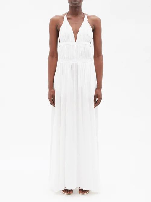 Leather-trimmed Gathered Halterneck Maxi Dress - Womens - White