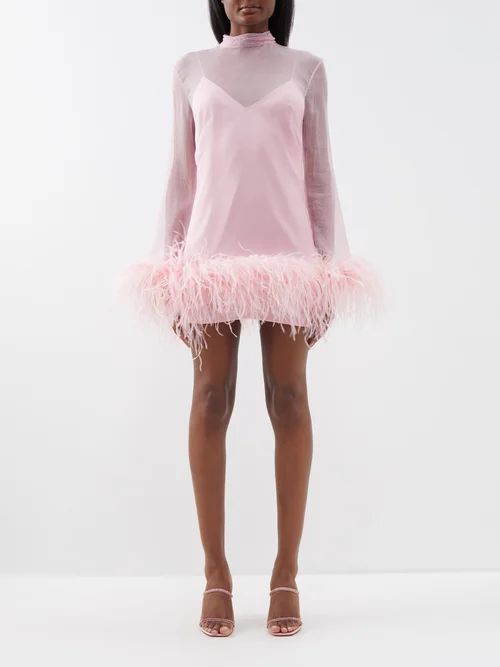 Gina Spirito Feather-trim Silk Mini Dress - Womens - Light Pink