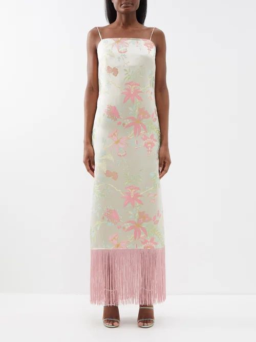 La Siesta Fringed Floral-jacquard Satin Midi Dress - Womens - Multi
