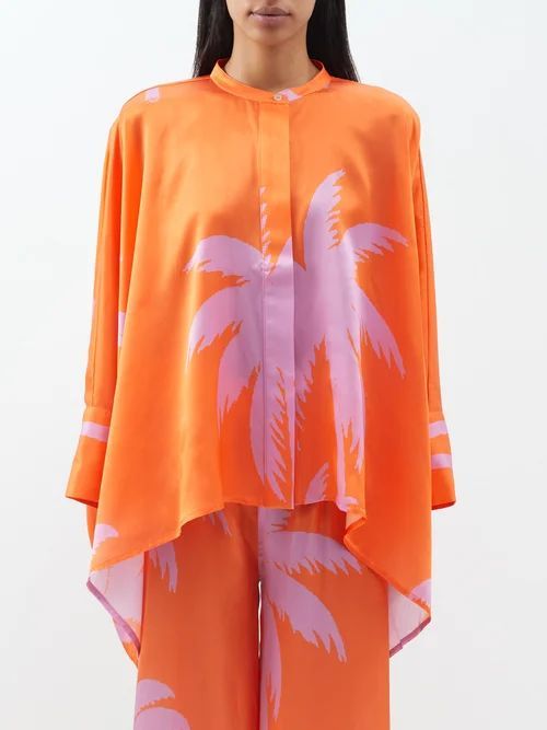 Luna Dipped-hem Palm-print Silk Shirt - Womens - Orange Purple